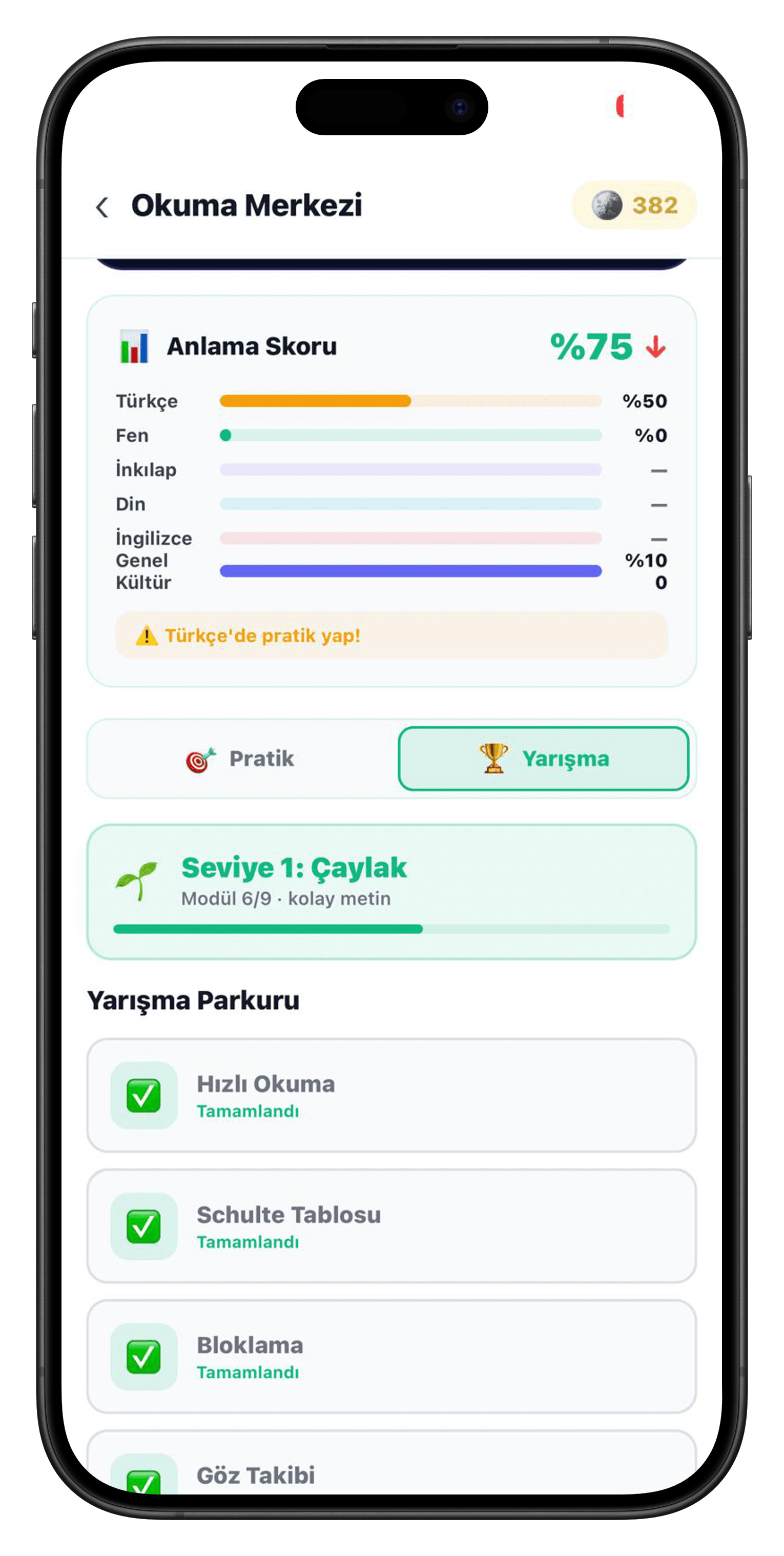 Anlama Skoru ekranı