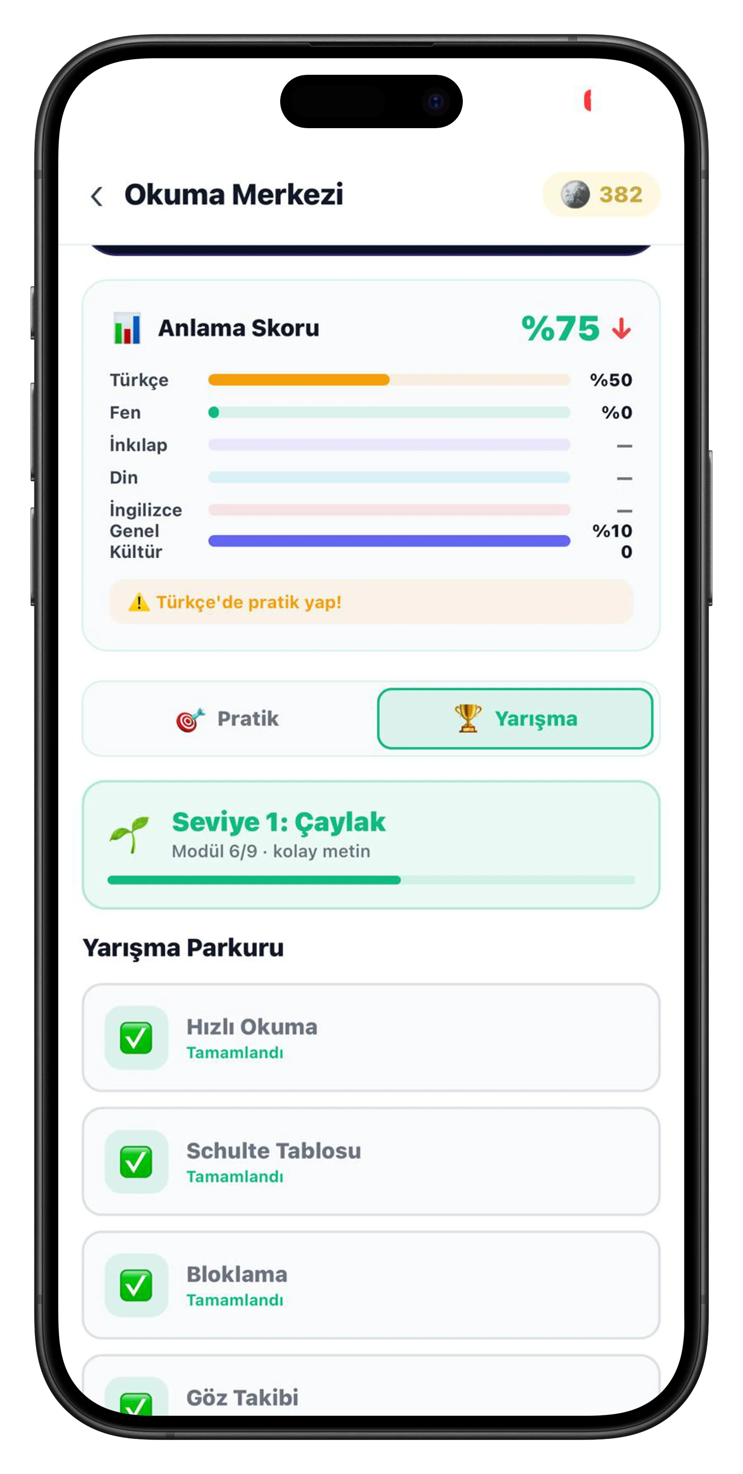 Anlama Skoru ekranı